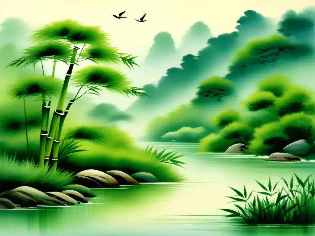 Importancia cultural del bambú en China: pintura acuarela evoca tranquilidad y armonía en paisaje con río y bosque de bambú