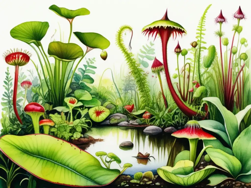 Plantas carnívoras raras y fascinantes en un exuberante bosque verde con Venus flytrap, pitcher plant, sundew y tropical pitcher plant