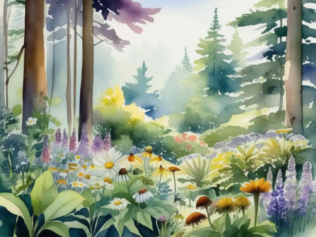 Hábitats de plantas medicinales en un bosque vibrante y exuberante, lleno de diversidad y poder curativo
