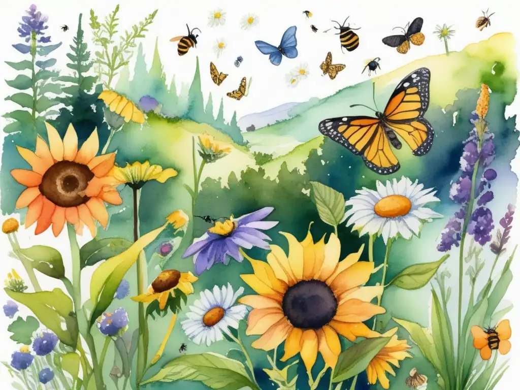 Impacto cambio climático: ilustración detallada de bosque verde con plantas, insectos, flores, mariposas, abejas, árboles, cascada y luz cálida