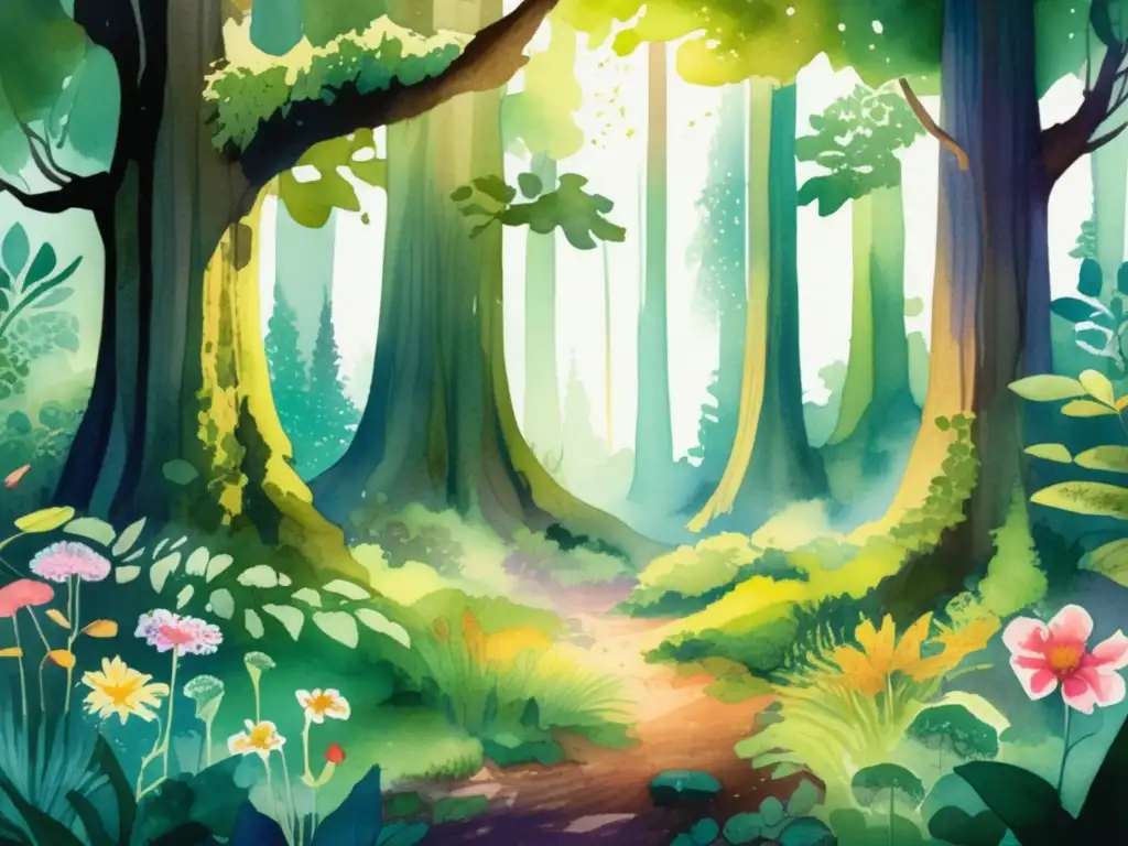 Ilustración acuarela de un exuberante bosque encantado con plantas vibrantes