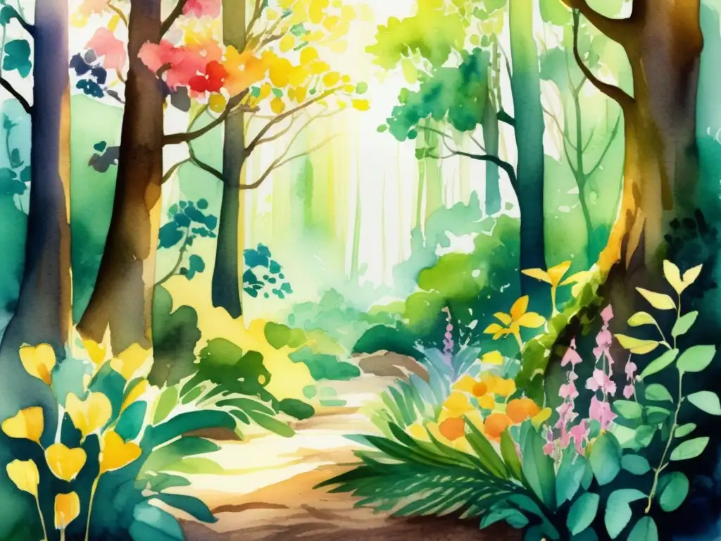 Ilustración acuarela vibrante de un bosque encantado con árboles altos, follaje vibrante y plantas exóticas