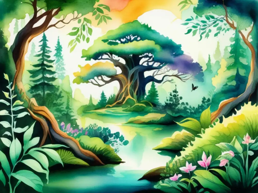 Influencia de plantas en mitología: Escena encantadora de un bosque con colores vibrantes y detalles mágicos