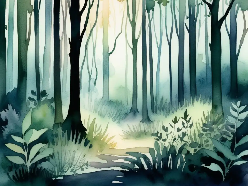 Ilustración acuarela de un bosque denso y enigmático al atardecer