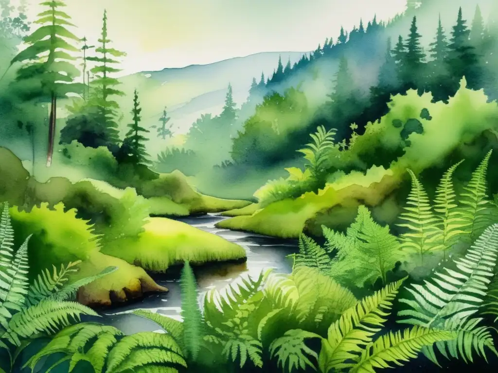 Pintura acuarela bosque sin flores, musgos verdes, helechos elegantes, detalles plantas verdes, sombras bosque