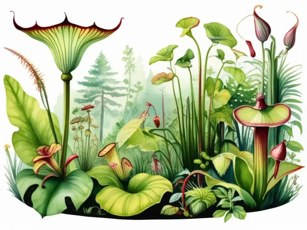 Impacto histórico de plantas carnívoras en un bosque exuberante con vida, destacando la ilustración acuarela de plantas carnívoras