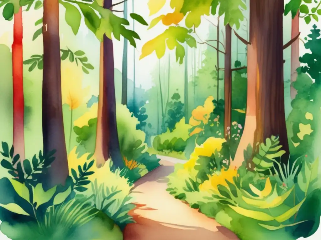 Ilustración vibrante de un bosque exuberante con diversidad de plantas