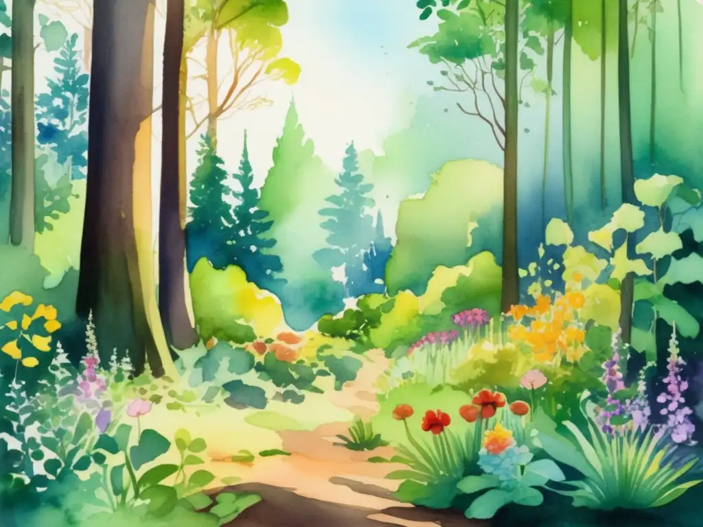 Ilustración acuarela de un bosque verde exuberante con árboles altos y flores coloridas en el suelo