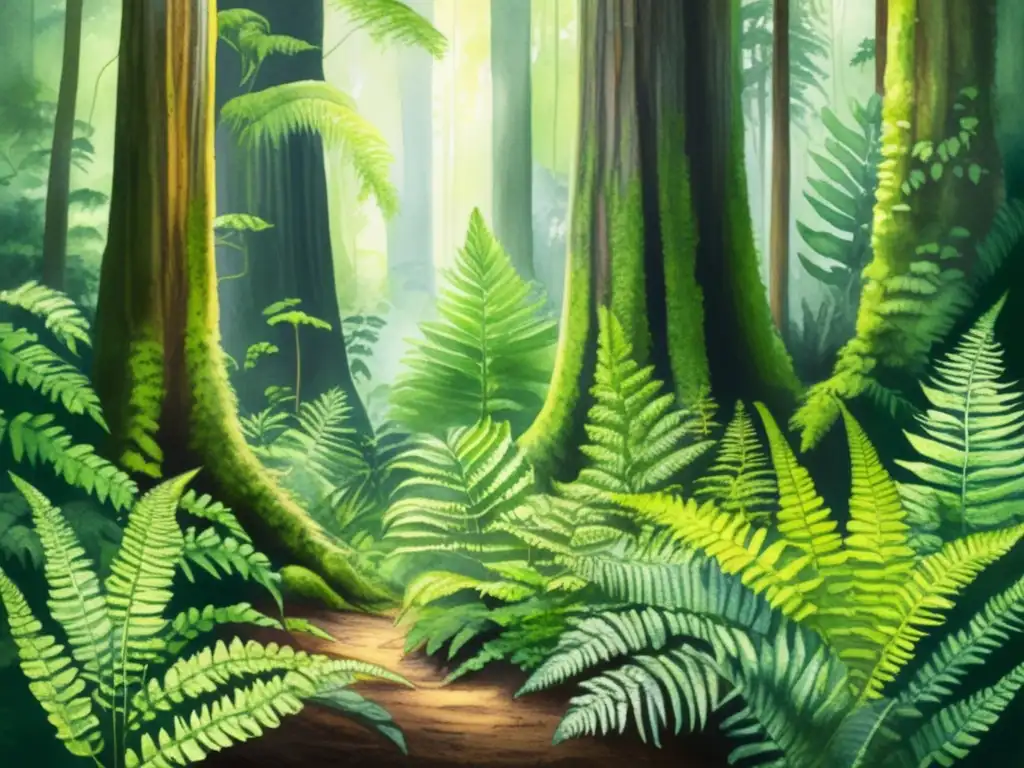 Evolución de helechos sin flores en exuberante bosque de ferns