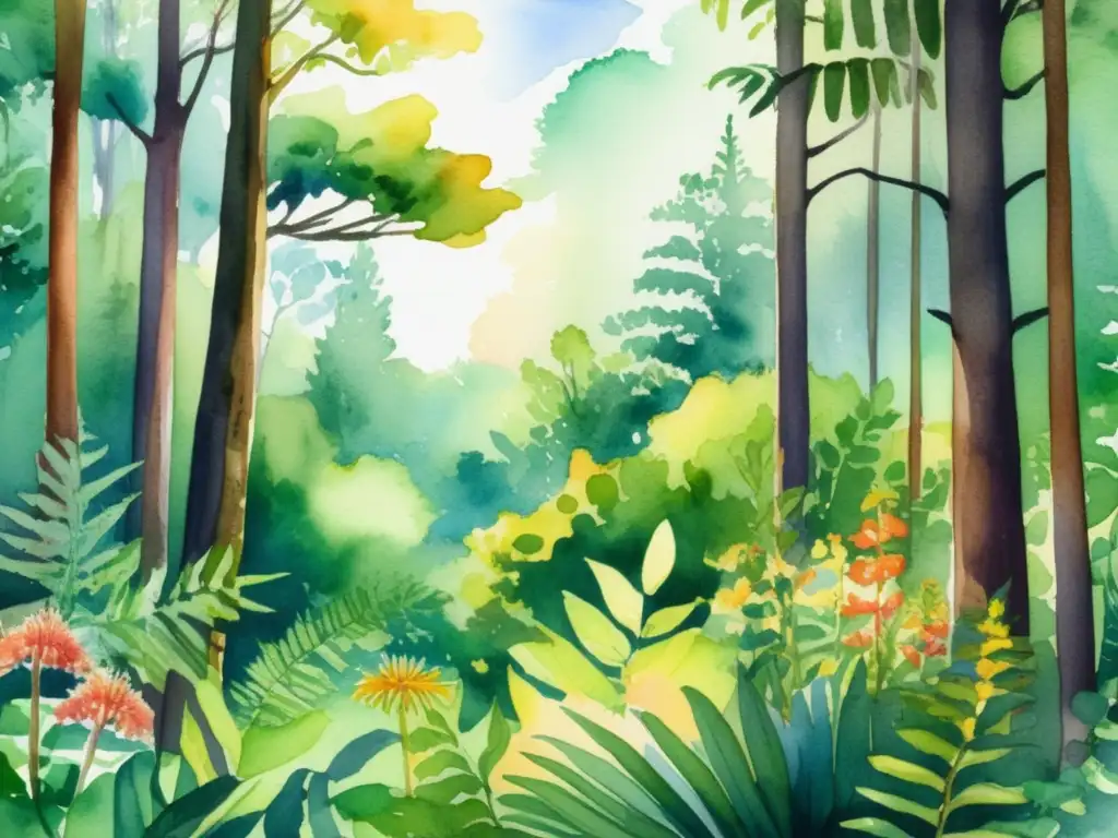 Ilustración acuarela vibrante de un exuberante bosque verde lleno de especies de plantas diversas