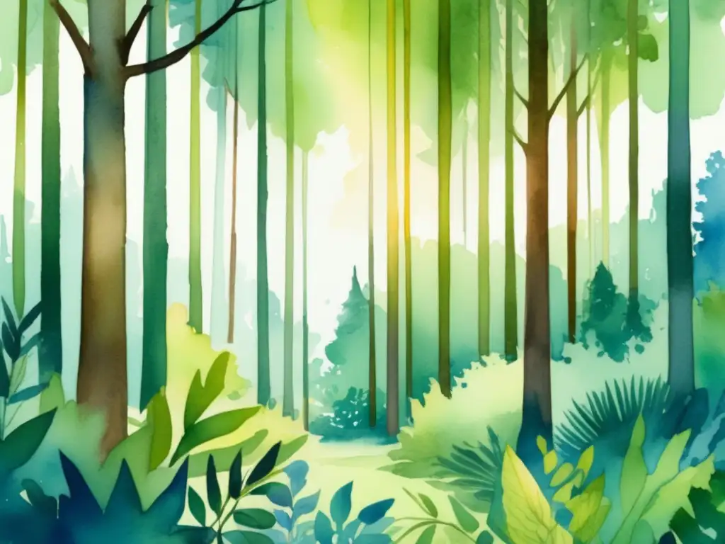 Ilustración acuarela vibrante: bosque exuberante, vida vegetal diversa y árboles majestuosos