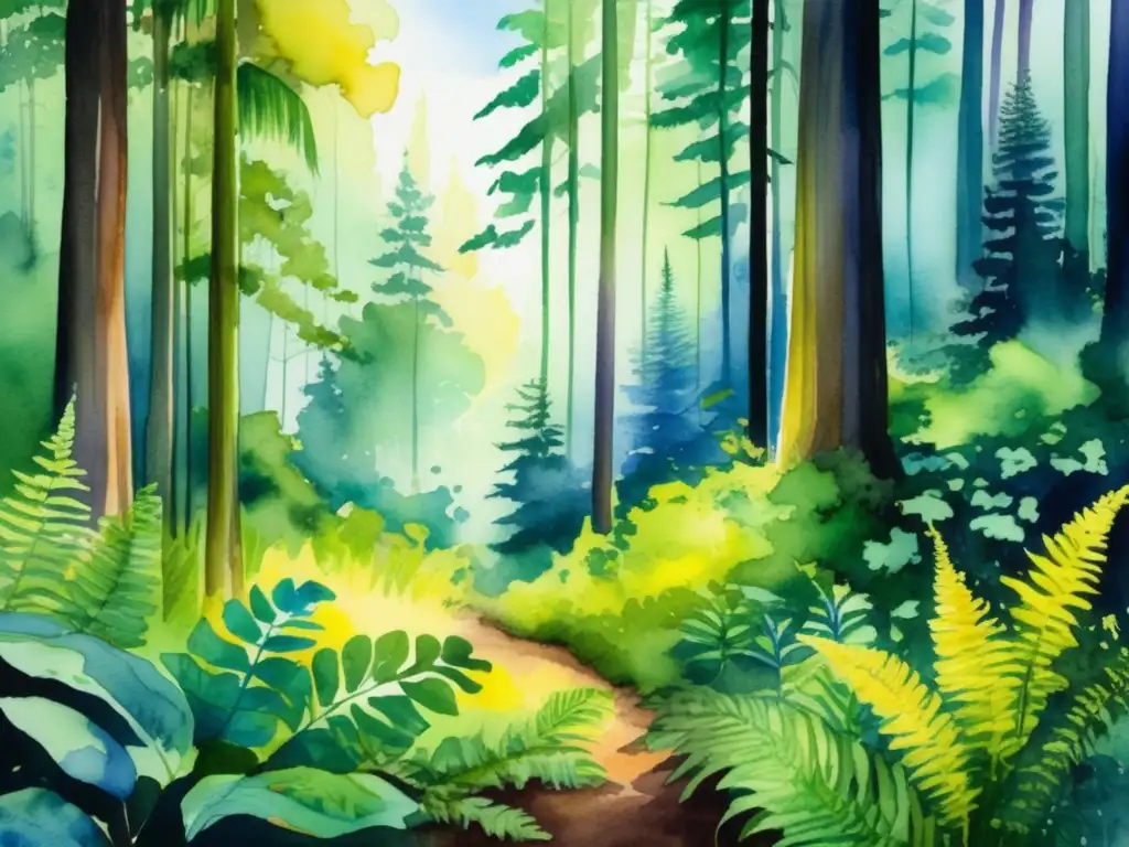 Pintura acuarela de un bosque exuberante, con árboles altos y una densa vegetación