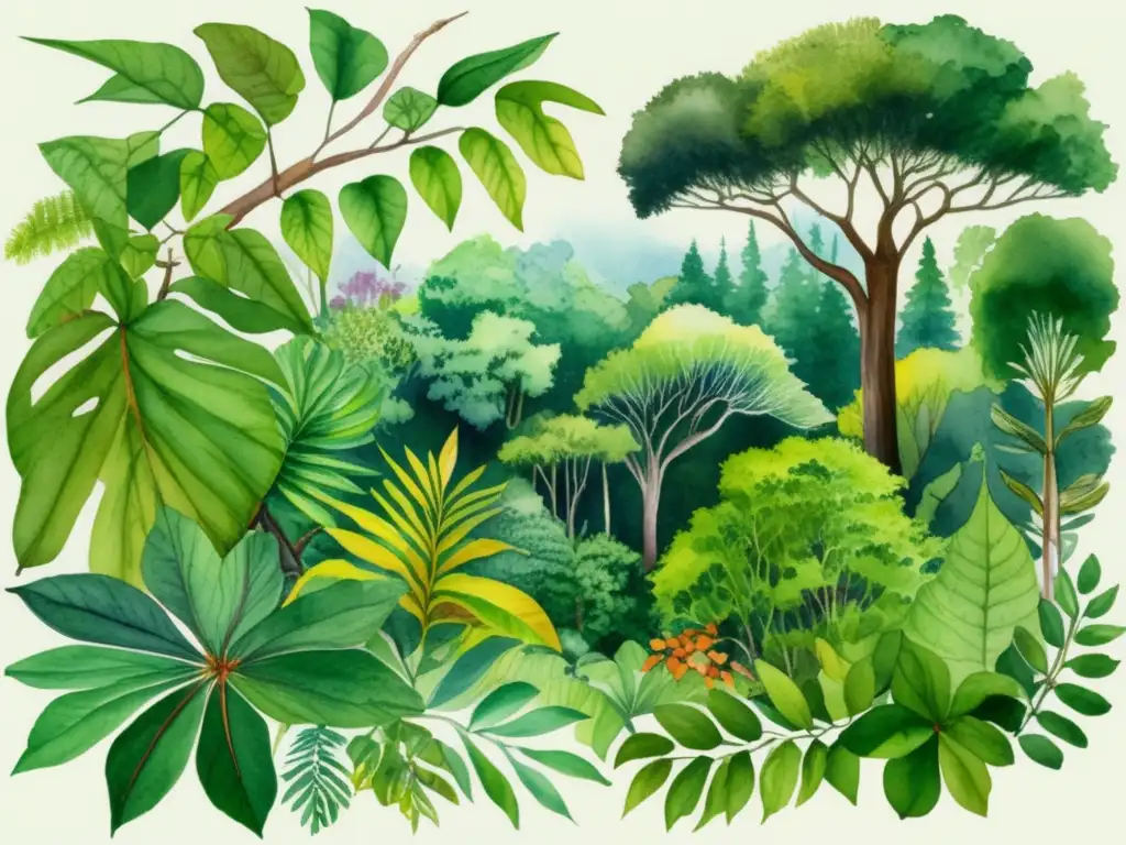 Ilustración acuarela de un exuberante bosque con diversidad de especies vegetales