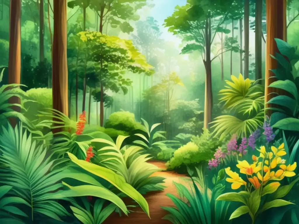 Riesgos manipulación genética flora en pintura acuarela de un exuberante bosque verde con flora vibrante y diversa