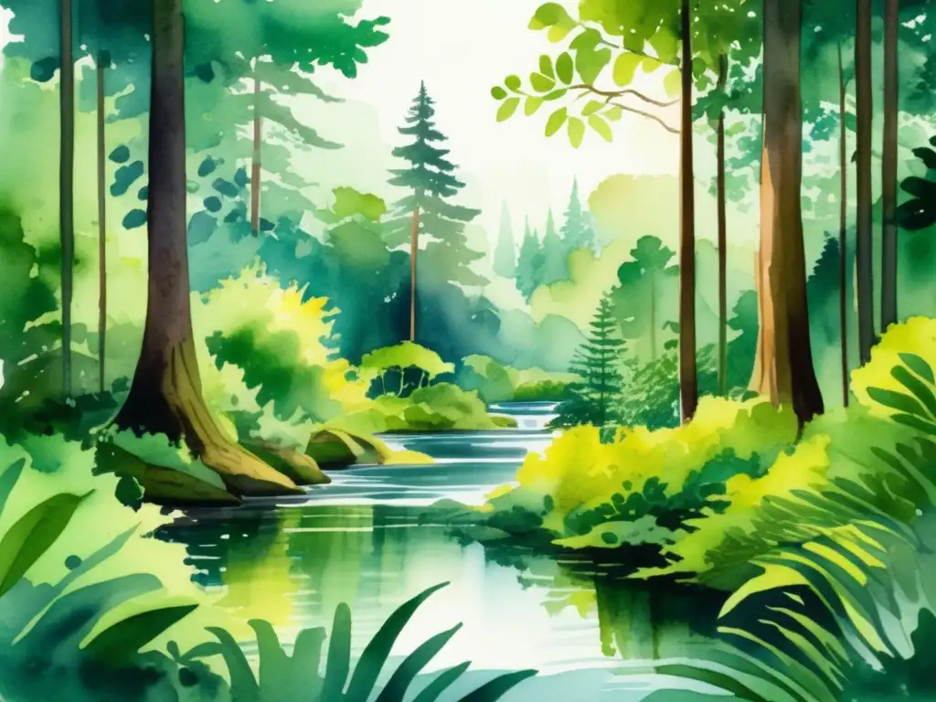 Ilustración acuarela muestra bosque exuberante con vida vegetal diversa, reflejando la restauración de hábitats naturales