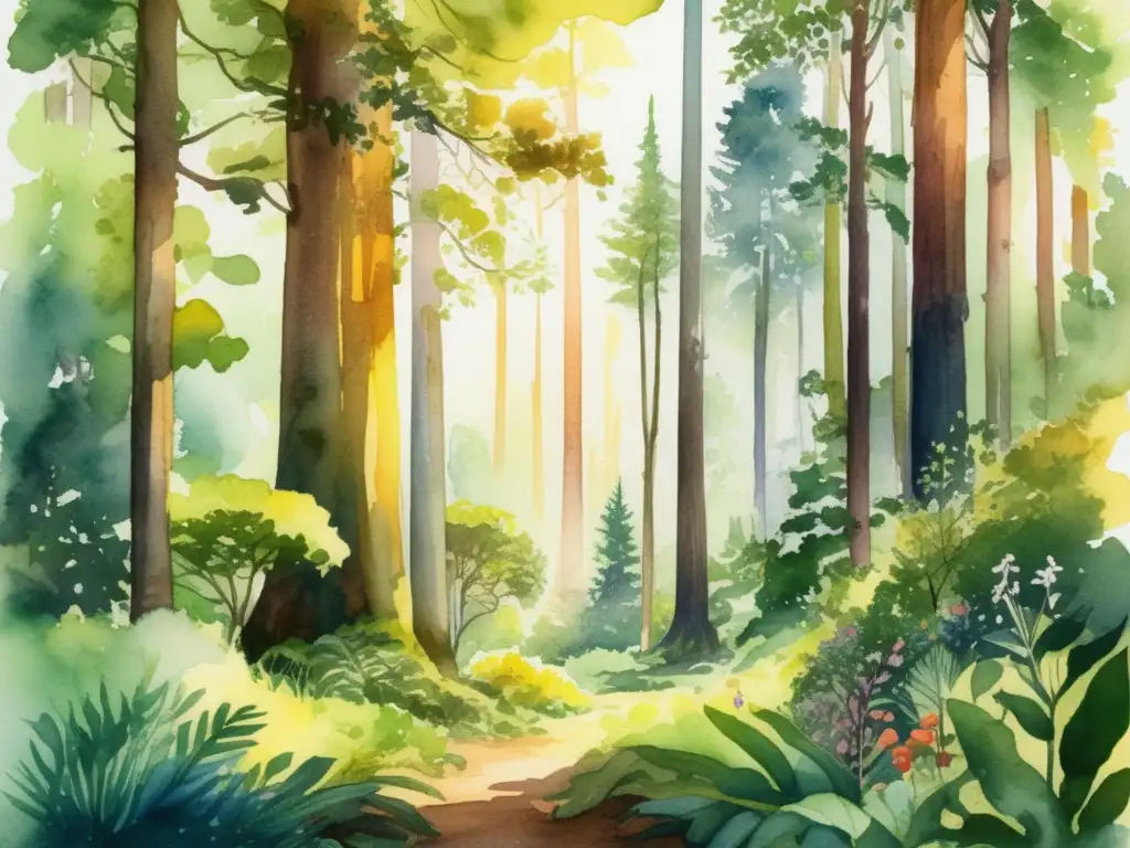 Bosque exuberante y vibrante - Ilustración acuarela detallada de un exuberante bosque, con diversidad de especies y etapas de crecimiento