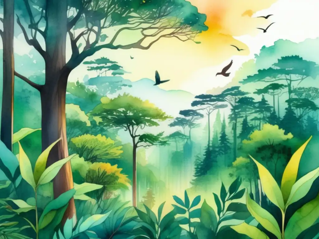 Ilustración vibrante de un bosque exuberante y diverso, resaltando la reforestación mundial y la importancia de preservar nuestra naturaleza