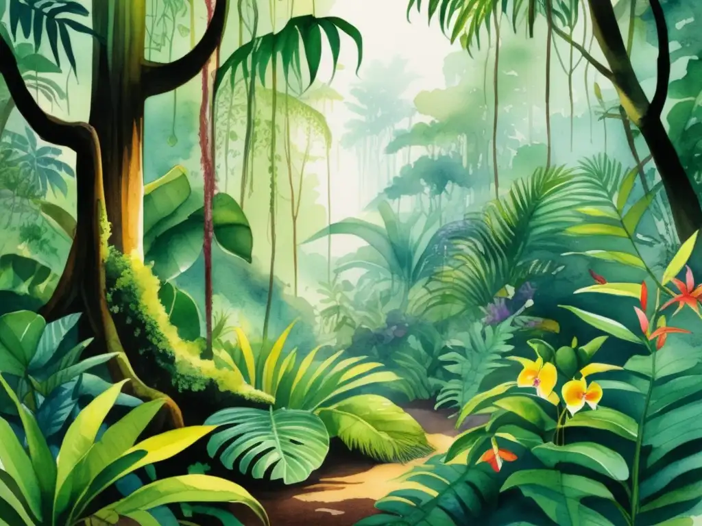 Ilustración acuarela de exuberante selva tropical con plantas amenazadas en la Lista Roja