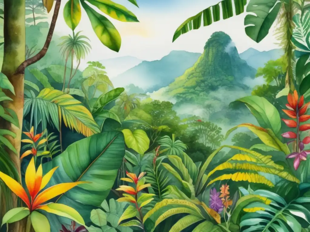 Plantas medicinales indígenas mundo: pintura acuarela que muestra una exuberante selva tropical con variedad de plantas medicinales