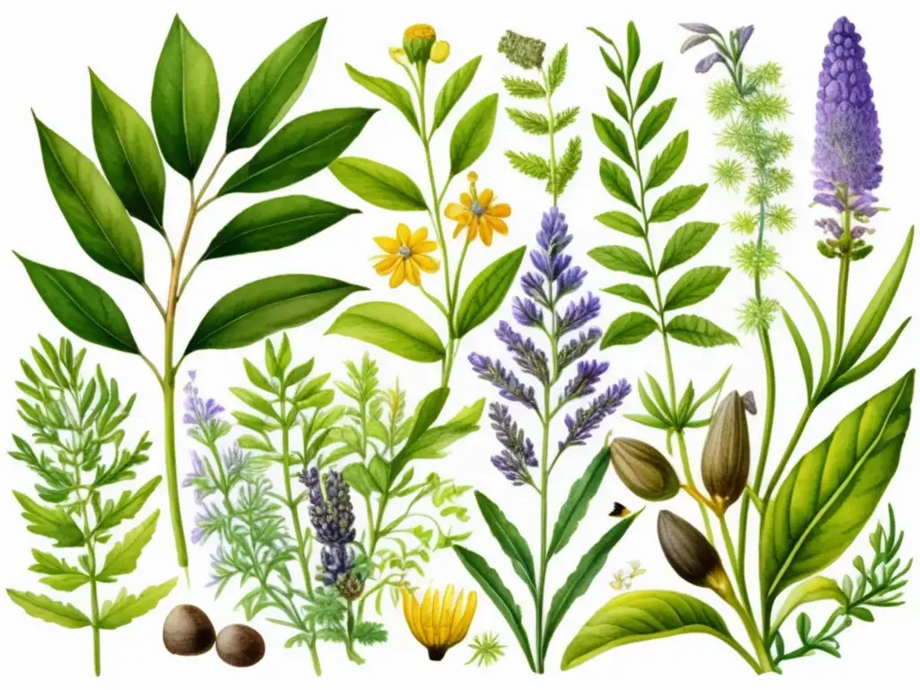 Ilustración detallada de una exuberante selva con plantas medicinales