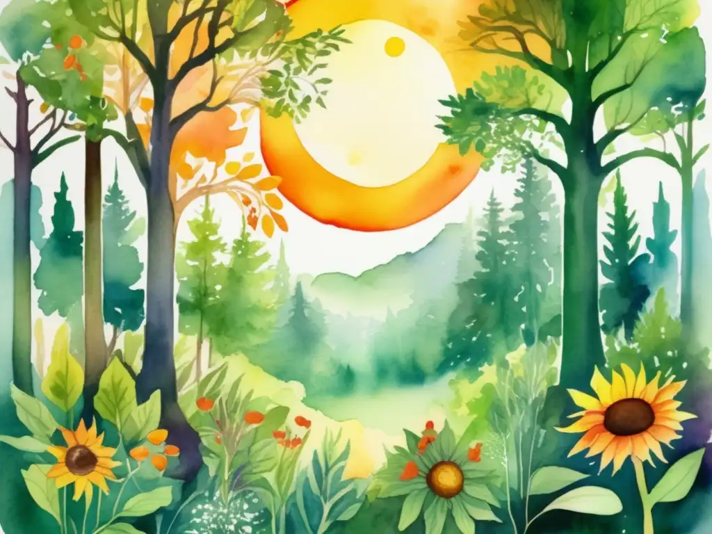 Pintura acuarela de un bosque místico con plantas simbólicas en ceremonias de equinoccio y solsticio