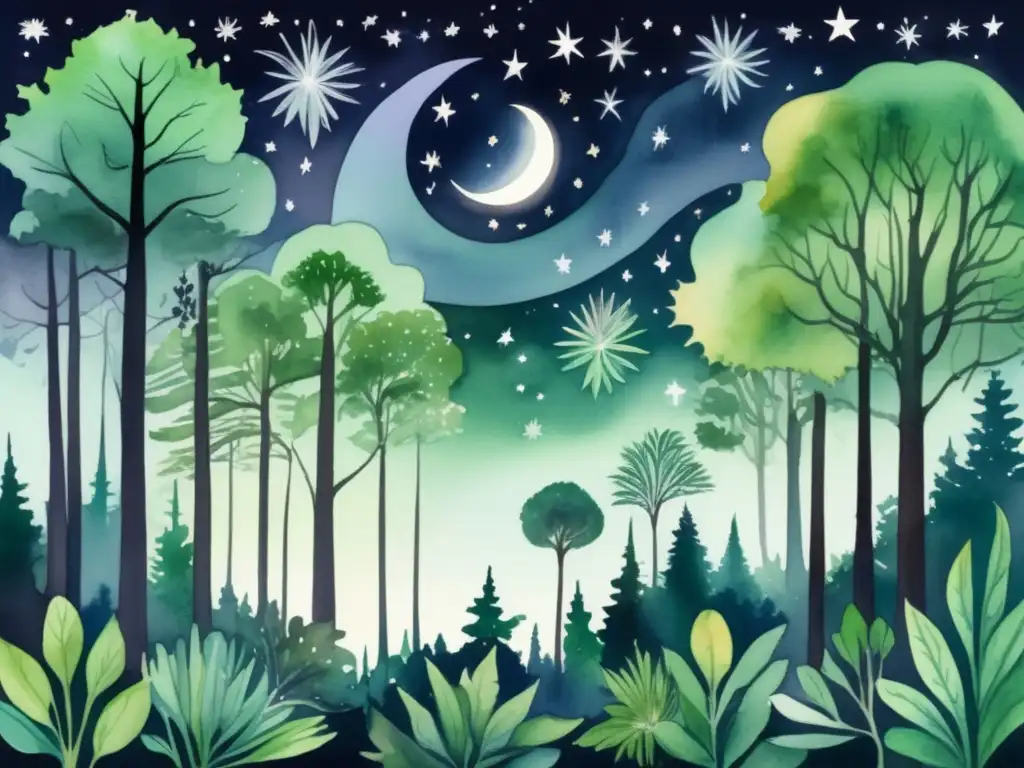 Ilustración acuarela vibrante de un bosque nocturno con árboles majestuosos alcanzando el cielo estrellado