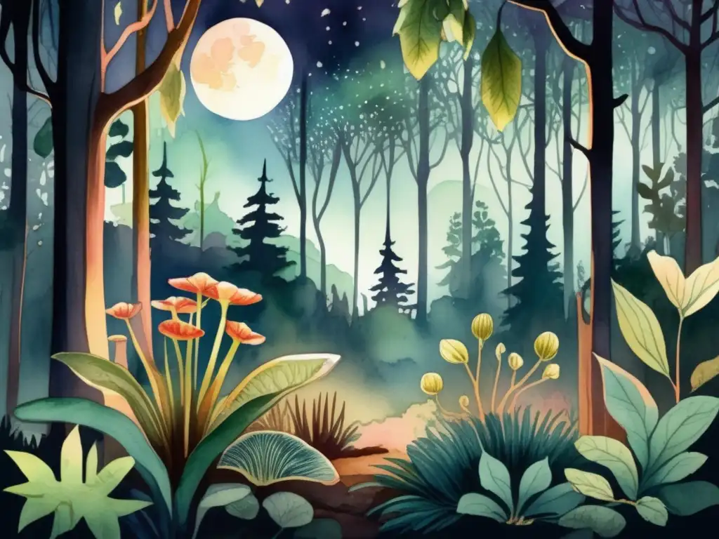 Ilustración hipnotizante de plantas carnívoras cazando de noche