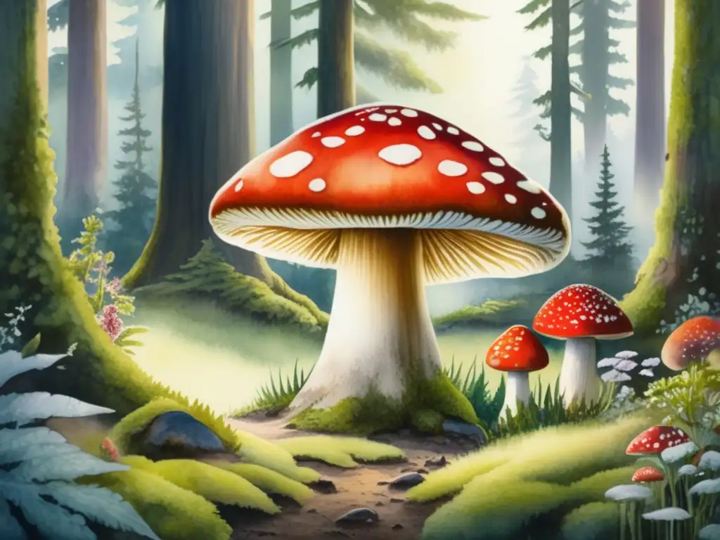 Importancia cultural hongo Amanita Muscaria: Bosque siberiano con árboles altos, seta roja con puntos blancos y flores vibrantes