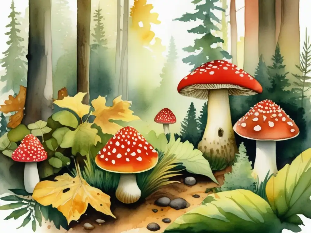 Bosque siberiano otoñal con pinos verdes y hongos Amanita Muscaria: Importancia cultural hongo Amanita Muscaria