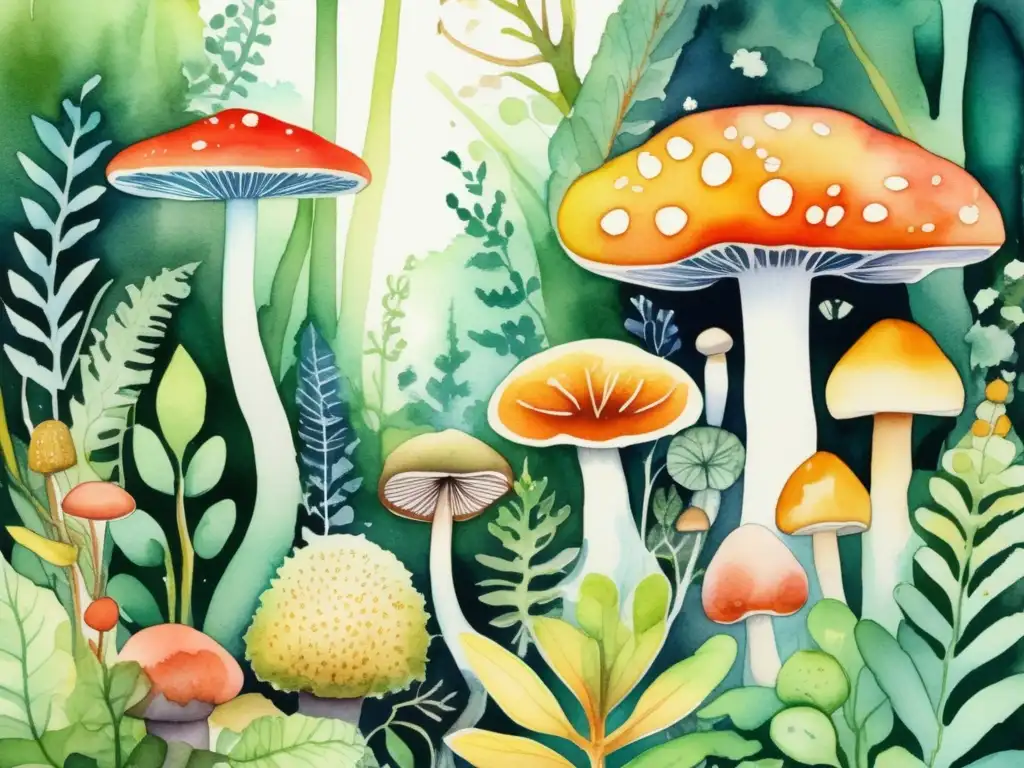 Beneficios del mutualismo entre plantas y hongos en un vibrante bosque ilustrado con acuarelas, mostrando una relación armoniosa