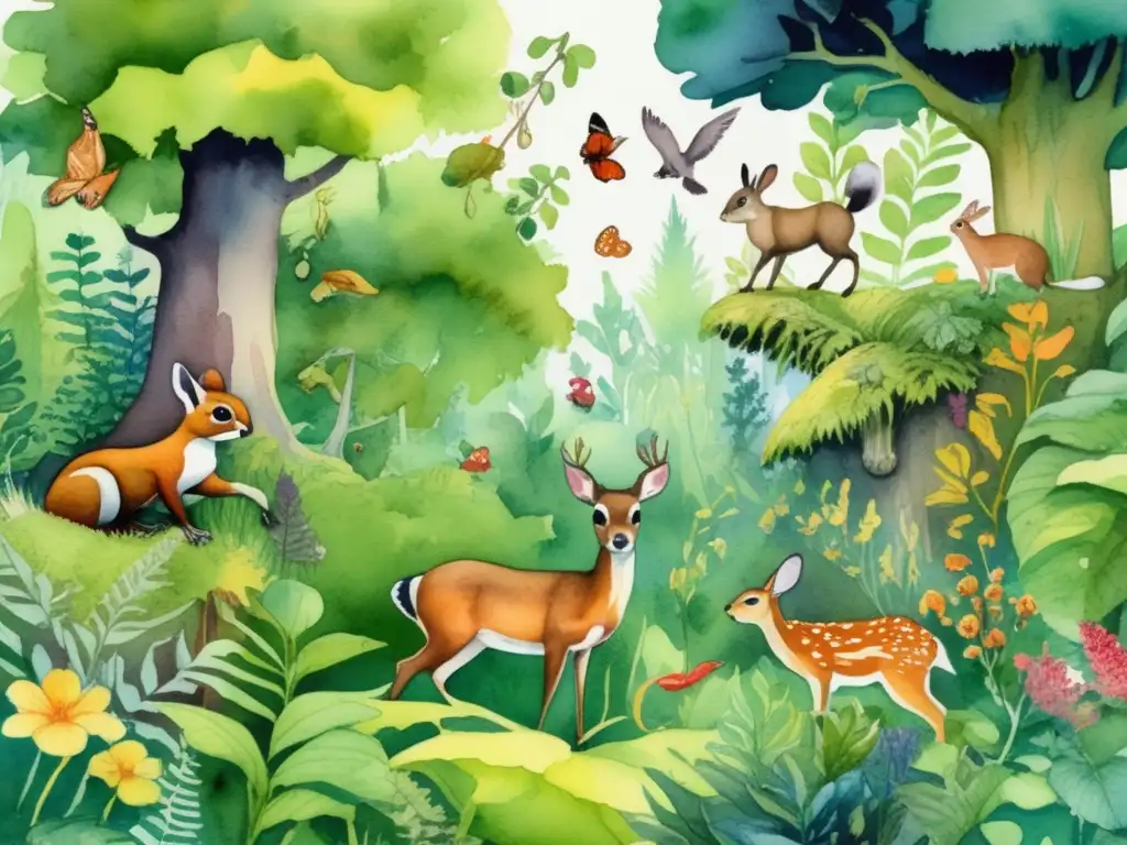 Un bosque tóxico con animales interaccionando Un bosque exuberante lleno de plantas y animales, destacando la relación entre plantas tóxicas y animales consumiéndolas