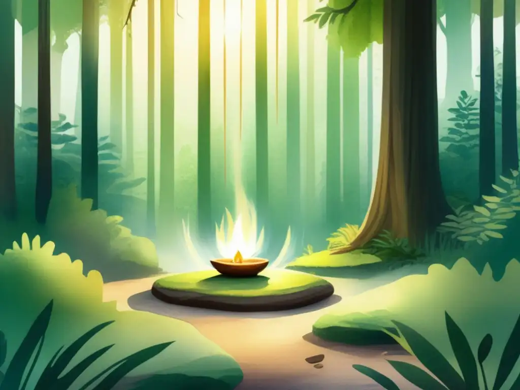 Ilustración acuarela etérea de un tranquilo escenario forestal, bañado en suave luz matutina