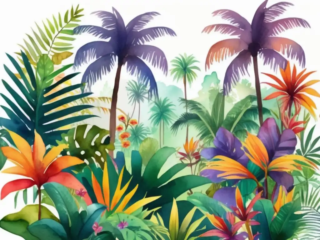 Plantas exóticas de bosques tropicales, ilustración acuarela que muestra la belleza vibrante de la naturaleza tropical