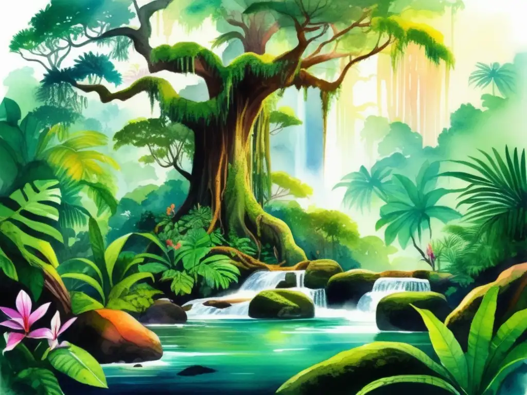 Ilustración acuarela de selva tropical con plantas variadas