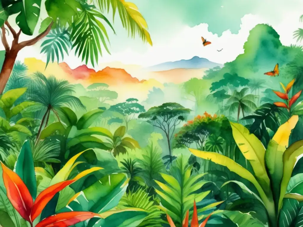 Ilustración vibrante de selva tropical con biodiversidad de plantas