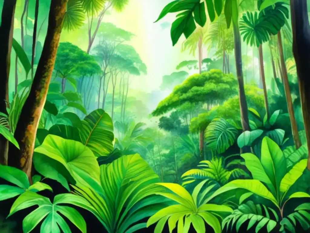 Pintura acuarela detallada de un exuberante bosque tropical con diversidad de flora y fauna