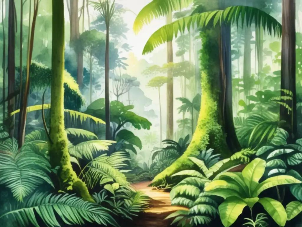 Impacto cambio climático en plantas: Exuberante escena acuarela de selva tropical con diversa vegetación, árboles majestuosos y animales en movimiento