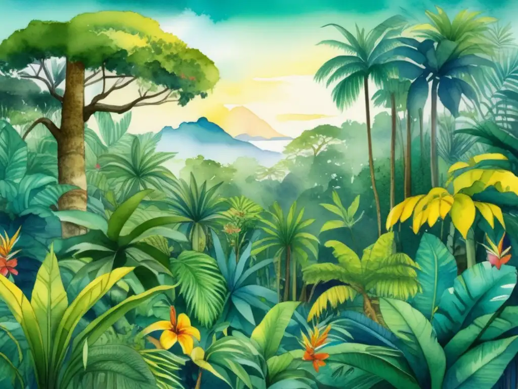 Ilustración acuarela detallada de un exuberante bosque tropical