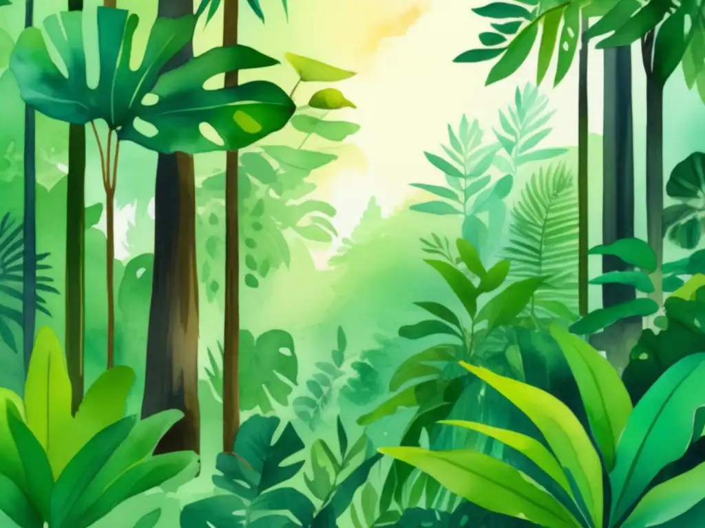 Ilustración acuarela vibrante de una exuberante selva tropical, con plantas medicinales y culturas indígenas