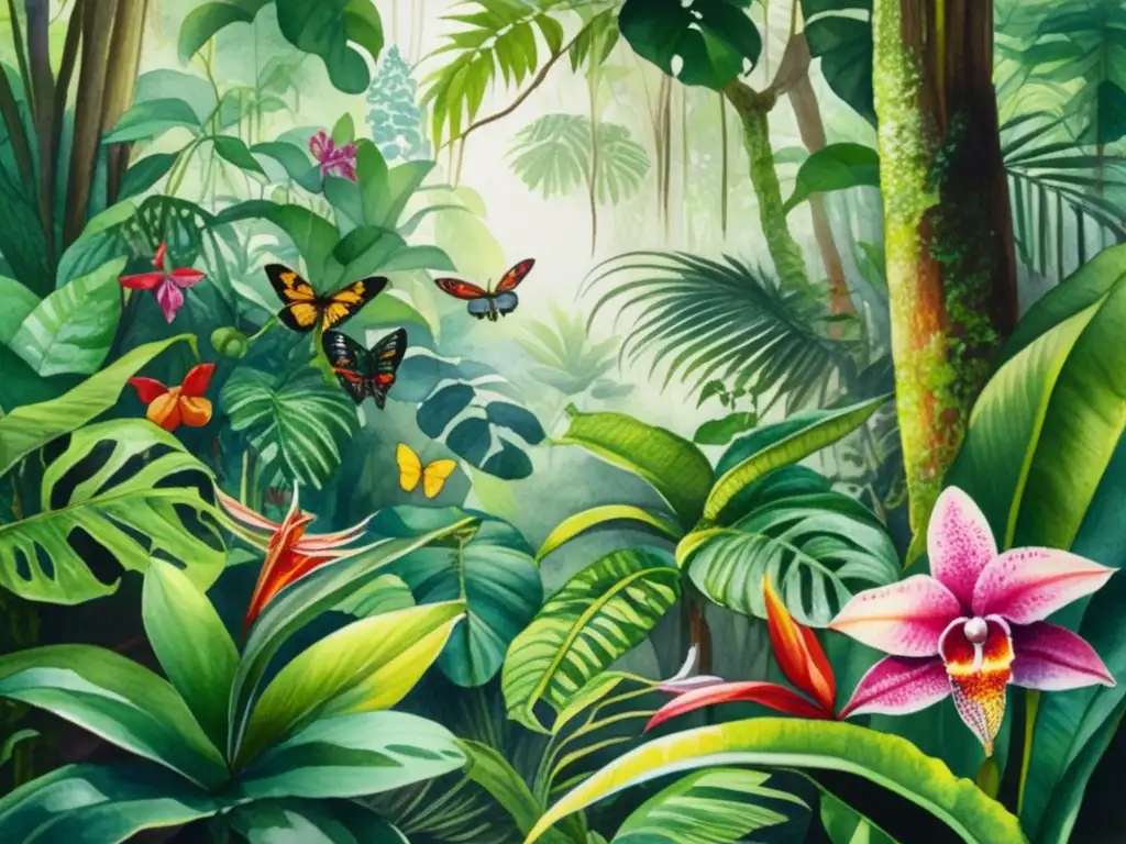 Pintura acuarela detallada de selva tropical, con vegetación exuberante y plantas endémicas coloridas