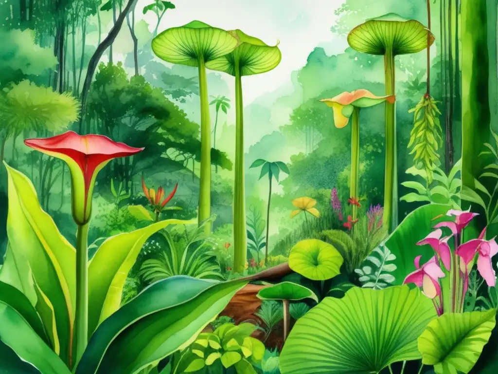 Ilustración acuarela detallada de un exuberante bosque tropical con plantas carnívoras y vida salvaje