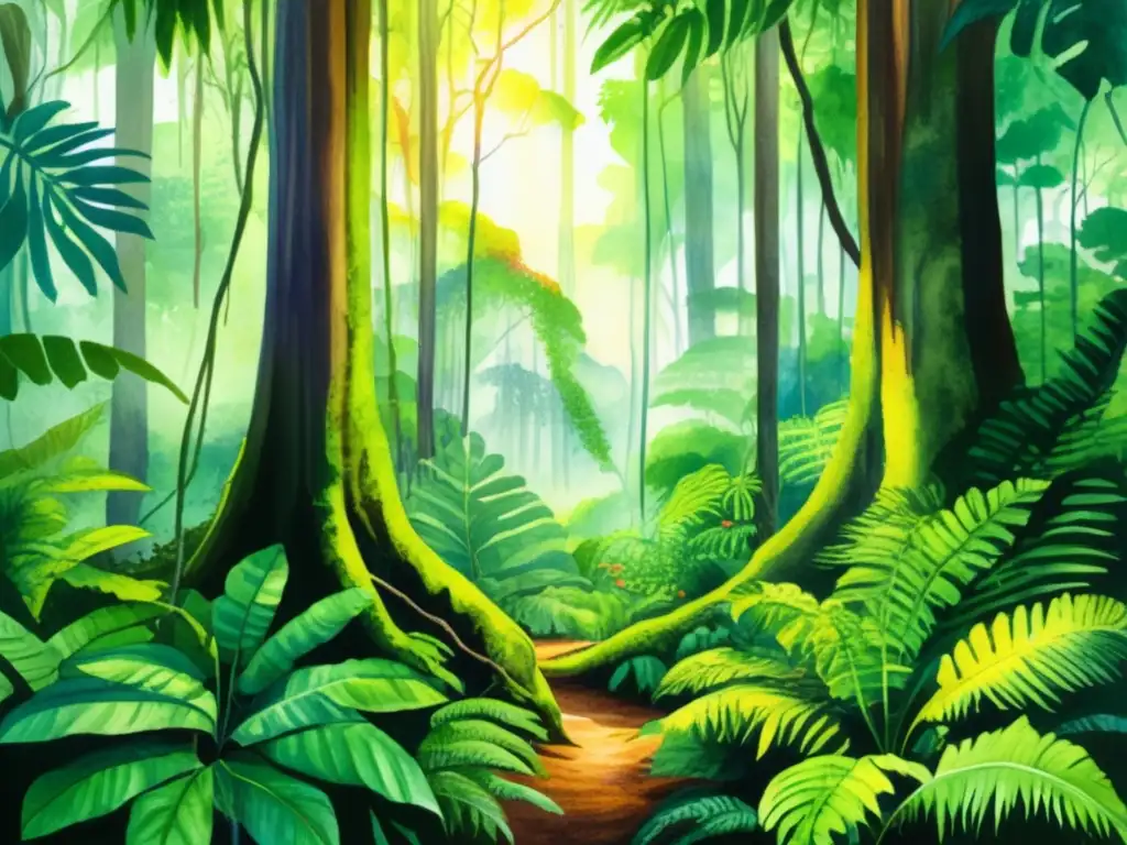 Pintura acuarela detallada de una exuberante selva tropical con colores vibrantes