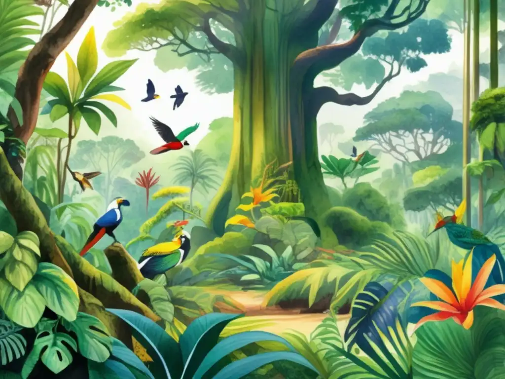 Ilustración detallada de una exuberante selva tropical, resaltando la importancia de la conservación genética