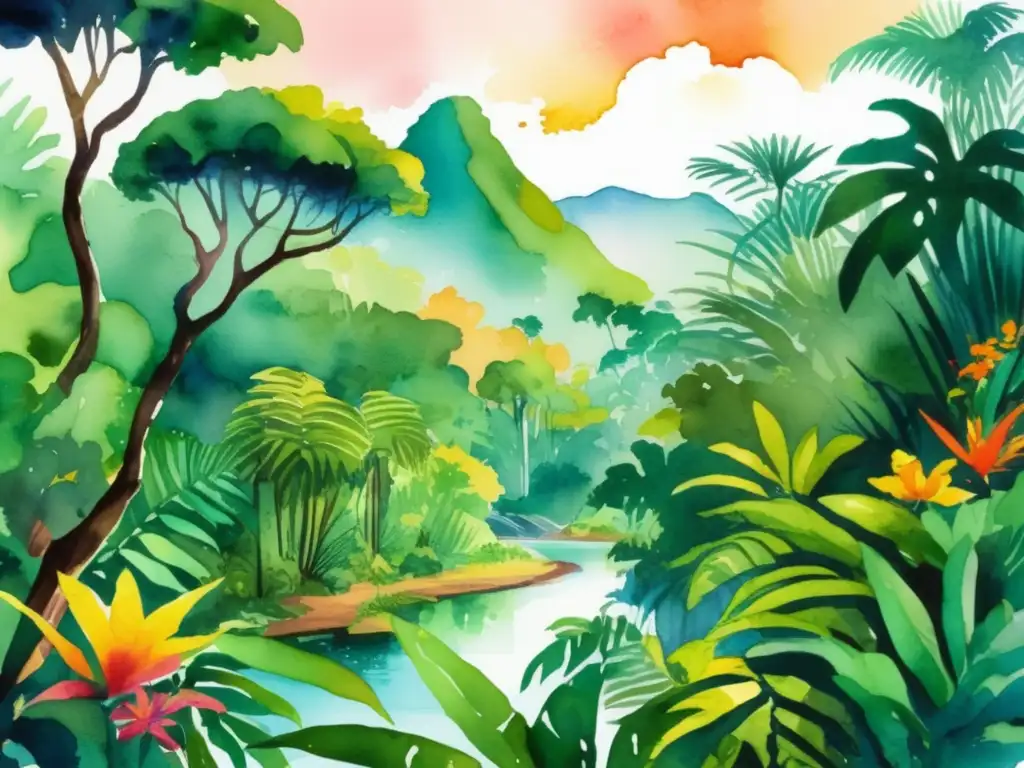 Importancia de la flora latinoamericana en una vibrante ilustración acuarela de una densa selva tropical