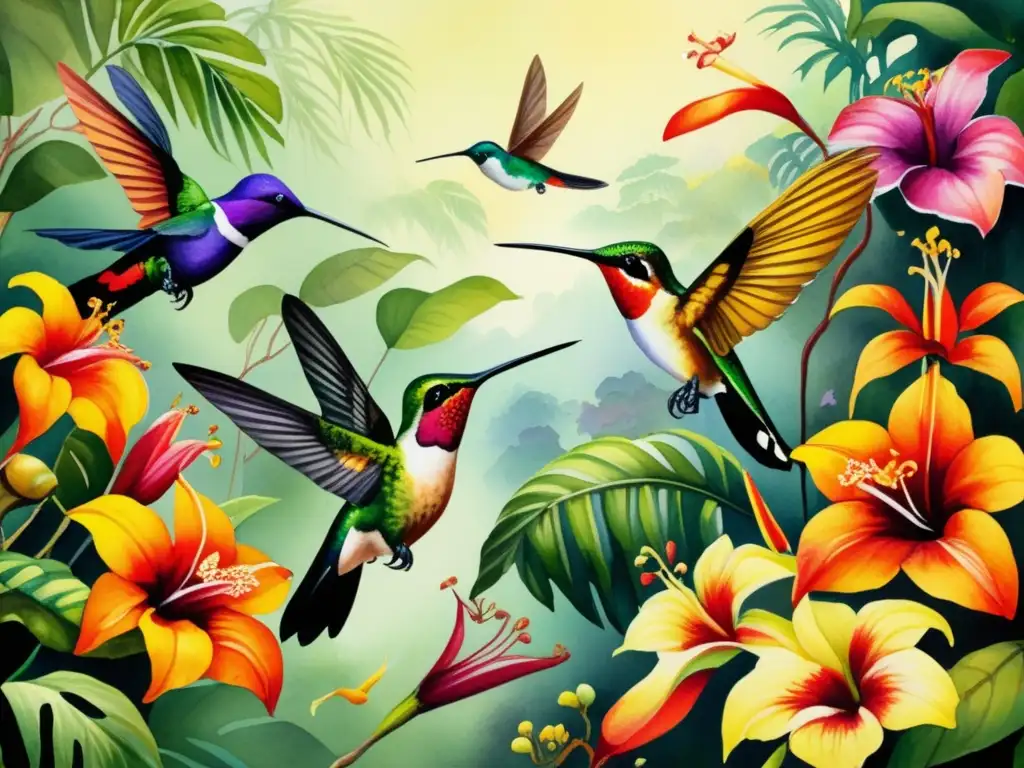 Relación colibríes flores tropicales: pintura acuarela detallada de una exuberante selva tropical llena de flores vibrantes y colibrís