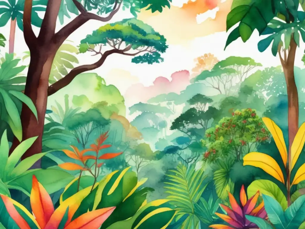 Ilustración vibrante de una selva tropical llena de vida vegetal diversa