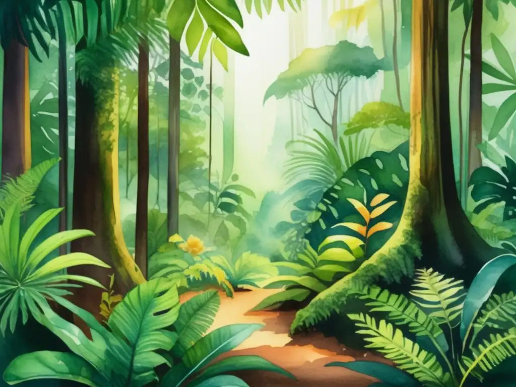 Beneficios climáticos de bosques tropicales: ilustración acuarela de vibrante selva tropical llena de vida