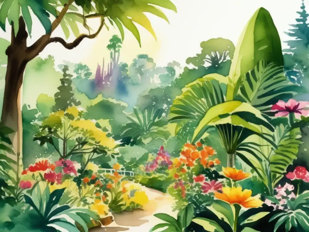 Plantas famosas en audiovisual: ilustración vibrante de un exuberante bosque verde con árboles imponentes y flores coloridas