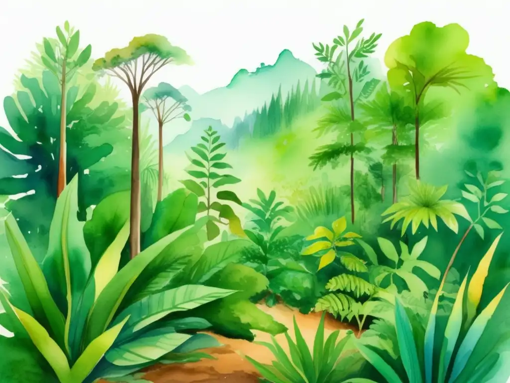 Ilustración acuarela vibrante de un bosque verde exuberante con especies de plantas diversas