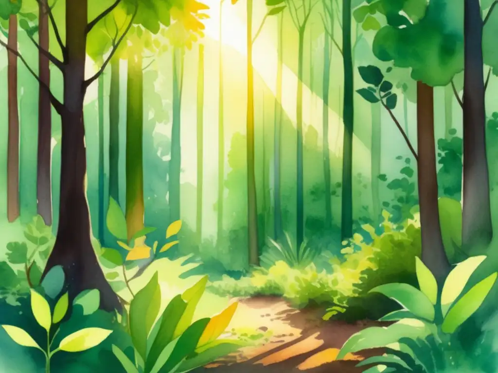 Ilustración acuarela: Bosque verde exuberante, plantas y árboles en diferentes etapas de crecimiento